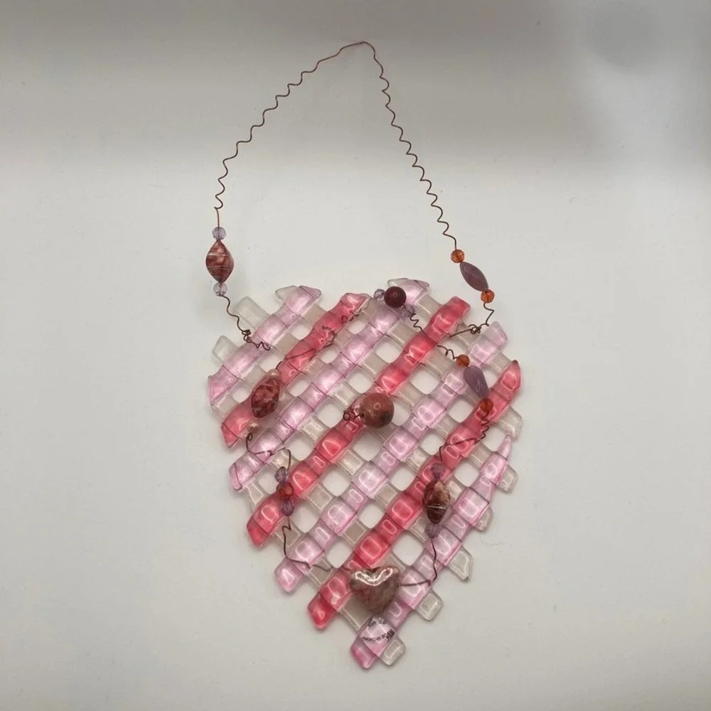 Fused Glass Heart Wall Hanging Red/Pink‎ Beaded with Copper Wire